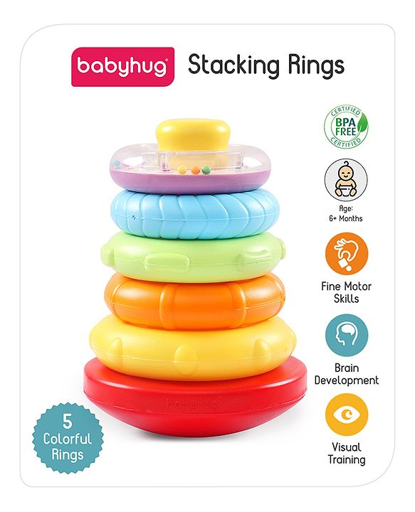 Babyhug Premium 5 Stacking Rings| 4 Textured and 1 Transparent Ring with Beads Sound| Junior Plastic Stack Up Educational Toy| Bath Toy Ring| BIS Certified| Non-Toxic| 6 Months+