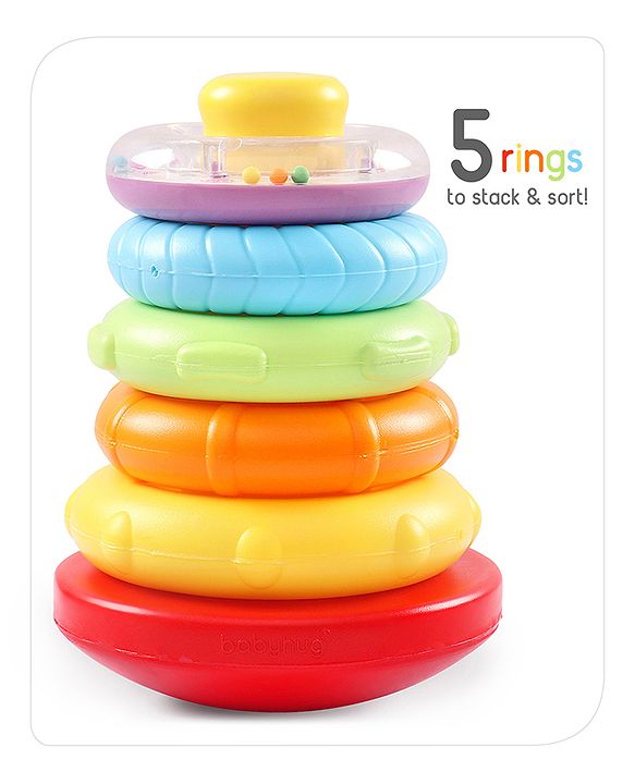 Babyhug Premium 5 Stacking Rings| 4 Textured and 1 Transparent Ring with Beads Sound| Junior Plastic Stack Up Educational Toy| Bath Toy Ring| BIS Certified| Non-Toxic| 6 Months+