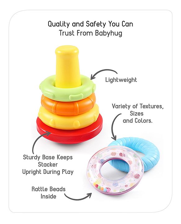 Babyhug Premium 5 Stacking Rings| 4 Textured and 1 Transparent Ring with Beads Sound| Junior Plastic Stack Up Educational Toy| Bath Toy Ring| BIS Certified| Non-Toxic| 6 Months+