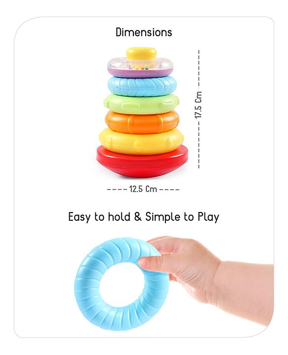 Babyhug Premium 5 Stacking Rings| 4 Textured and 1 Transparent Ring with Beads Sound| Junior Plastic Stack Up Educational Toy| Bath Toy Ring| BIS Certified| Non-Toxic| 6 Months+