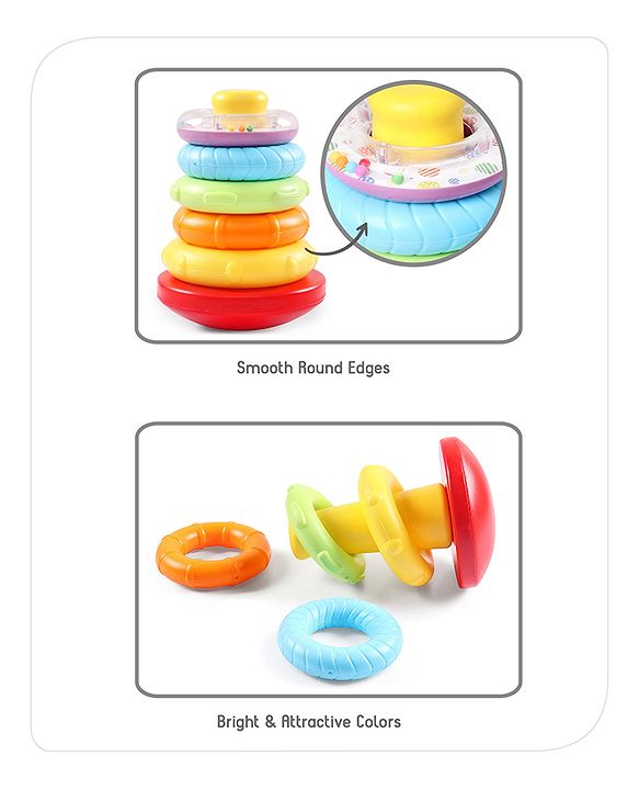 Babyhug Premium 5 Stacking Rings| 4 Textured and 1 Transparent Ring with Beads Sound| Junior Plastic Stack Up Educational Toy| Bath Toy Ring| BIS Certified| Non-Toxic| 6 Months+