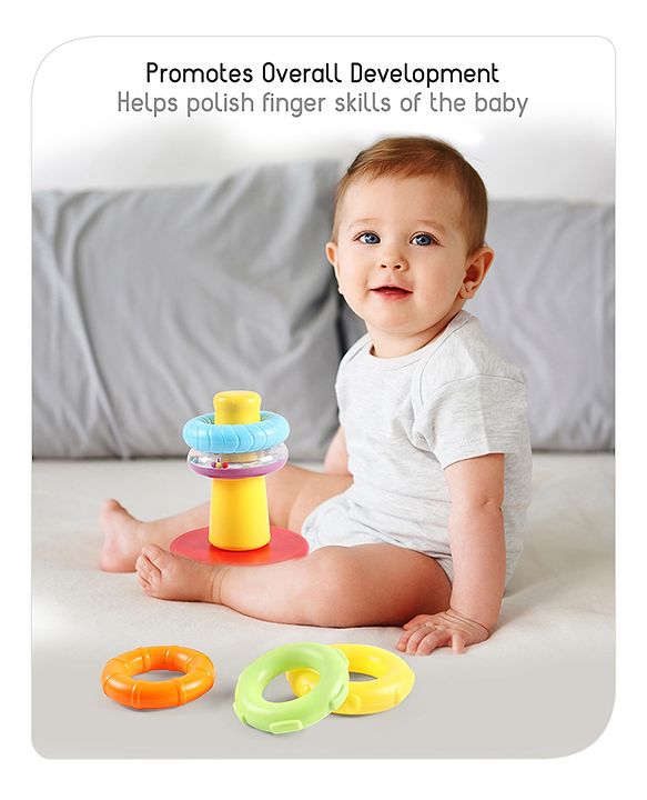 Babyhug Premium 5 Stacking Rings| 4 Textured and 1 Transparent Ring with Beads Sound| Junior Plastic Stack Up Educational Toy| Bath Toy Ring| BIS Certified| Non-Toxic| 6 Months+