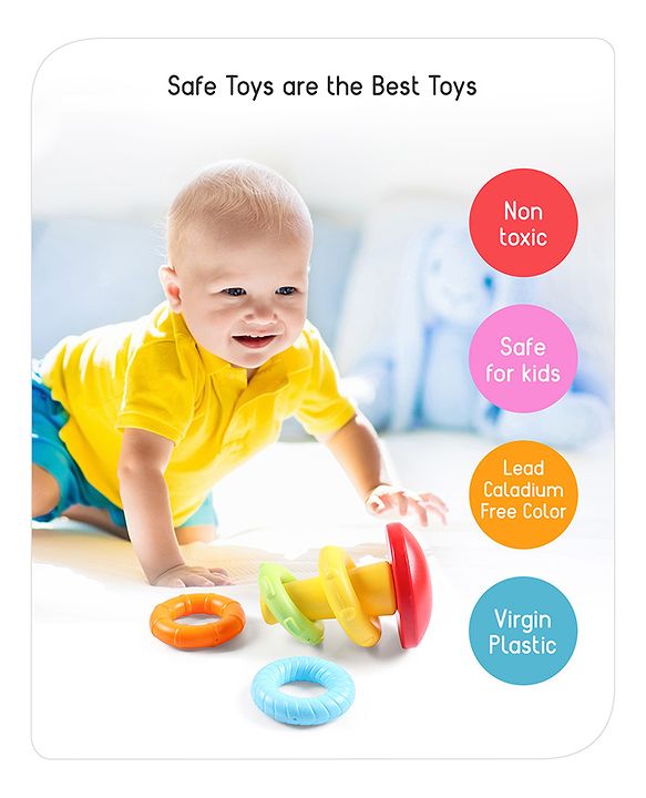 Babyhug Premium 5 Stacking Rings| 4 Textured and 1 Transparent Ring with Beads Sound| Junior Plastic Stack Up Educational Toy| Bath Toy Ring| BIS Certified| Non-Toxic| 6 Months+