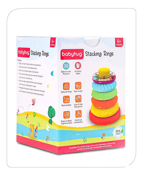 Babyhug Premium 5 Stacking Rings| 4 Textured and 1 Transparent Ring with Beads Sound| Junior Plastic Stack Up Educational Toy| Bath Toy Ring| BIS Certified| Non-Toxic| 6 Months+
