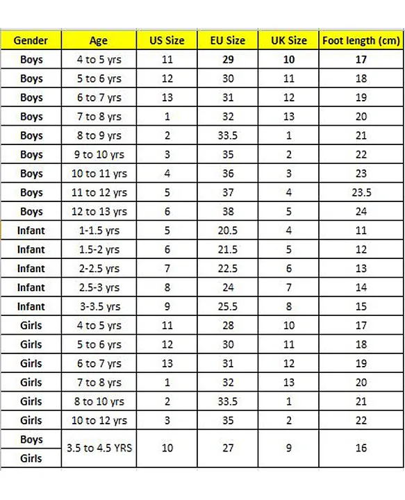 Skechers childrens hot sale size chart