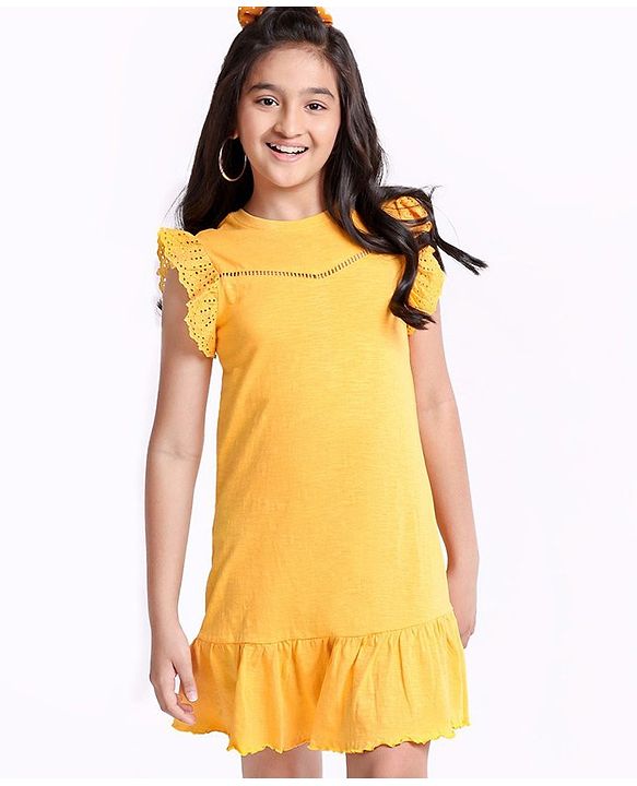 Pine Kids Biowash Flutter Sleeves Frock - Yellow