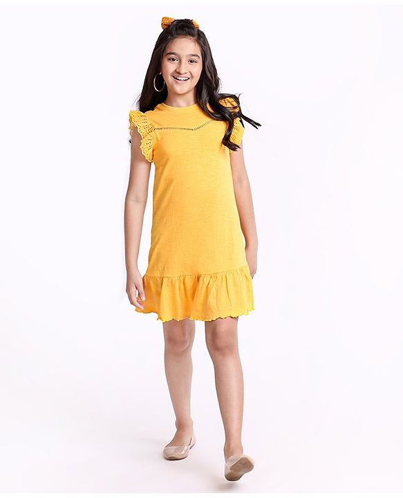 Pine Kids Biowash Flutter Sleeves Frock - Yellow