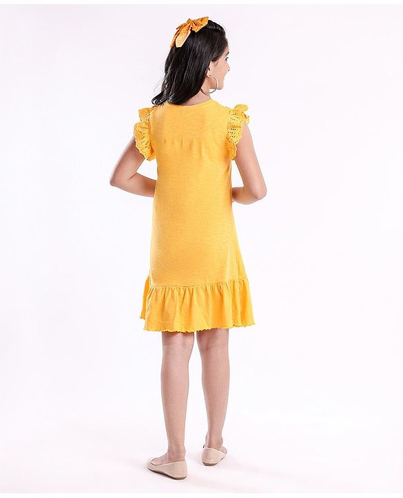Pine Kids Biowash Flutter Sleeves Frock - Yellow