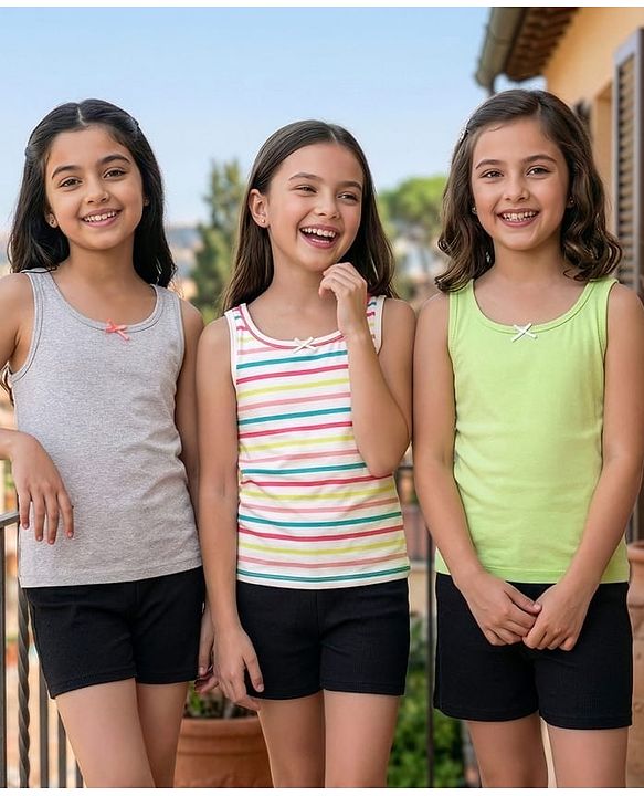 Pine Kids Cotton Sleeveless Slips Solid & Stripes Pack of 3 (Colour May Vary)