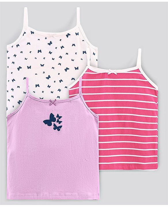 Pine Kids Sleeveless Cotton Slips Butterfly And Stripe Print Pack Of 3 (Colour May Vary)