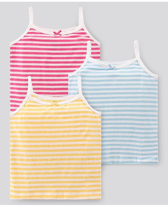 Pine Kids Singlet Anti Microbial & Biowashed Cotton Slips Striped Pattern Pack of 3 - Pink Yellow And Blue