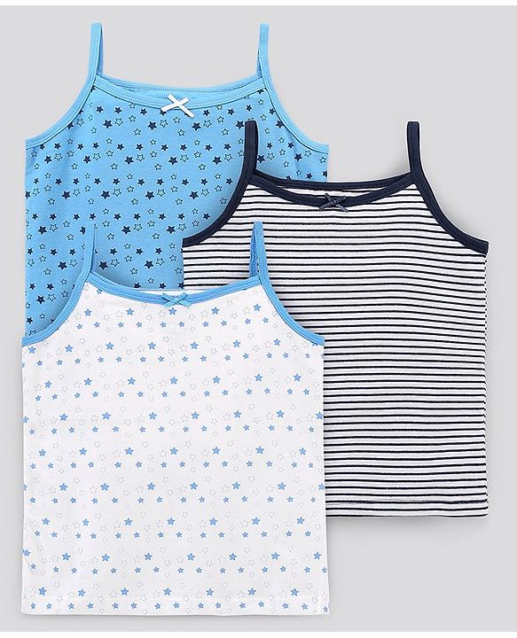 Pine Kids Anti-Microbial & Biowashed Sleeveless Slips Multi Print & Bow Pack Of 3 - Blue White