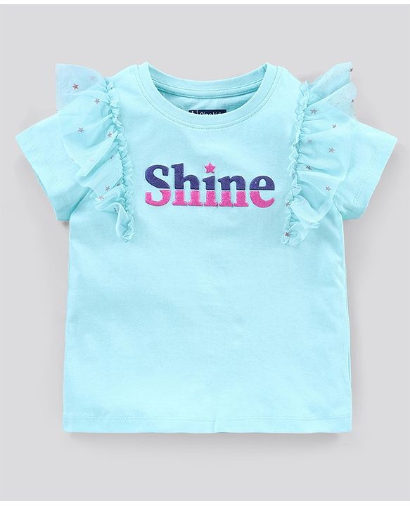 Pine Kids Short Sleeves Biowash with Ruffles Sleeves Text Print - Blue