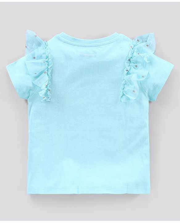 Pine Kids Short Sleeves Biowash with Ruffles Sleeves Text Print - Blue