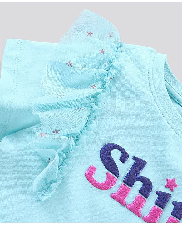 Pine Kids Short Sleeves Biowash with Ruffles Sleeves Text Print - Blue