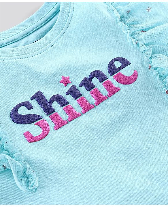 Pine Kids Short Sleeves Biowash with Ruffles Sleeves Text Print - Blue