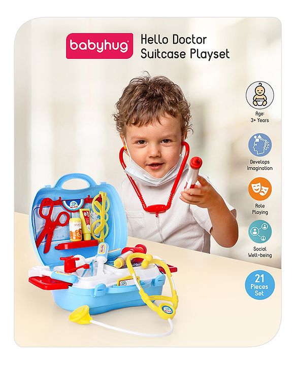 Babyhug Hello Doctor Suitcase Playset -21 Pieces | Portable Role-Play Doctor Kit | Pretend Care & Social Play | Boosts Eye-Hand Coordination And Empathy | BIS Certified