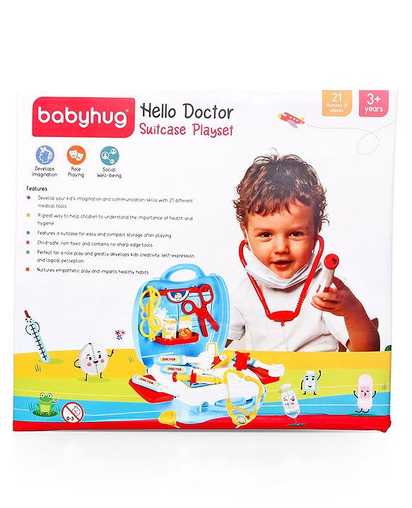 Babyhug Hello Doctor Suitcase Playset -21 Pieces | Portable Role-Play Doctor Kit | Pretend Care & Social Play | Boosts Eye-Hand Coordination And Empathy | BIS Certified