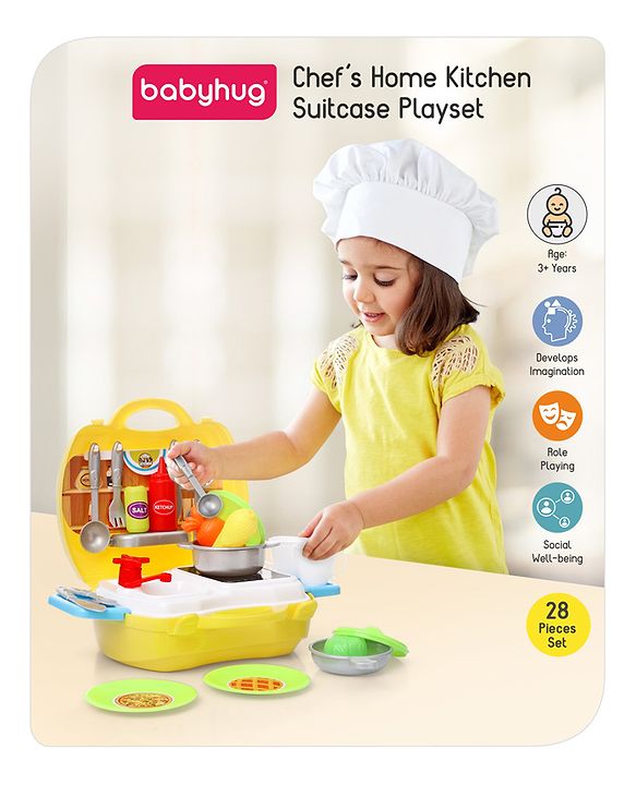 Babyhug Chef's Home Kitchen Suitcase Playset - 28 Pieces | Compact Kitchen-In-A-Suitcase | Tools Sized For Small Hands | Enhances Role play, Creativity & Communication Skills | BIS Certified