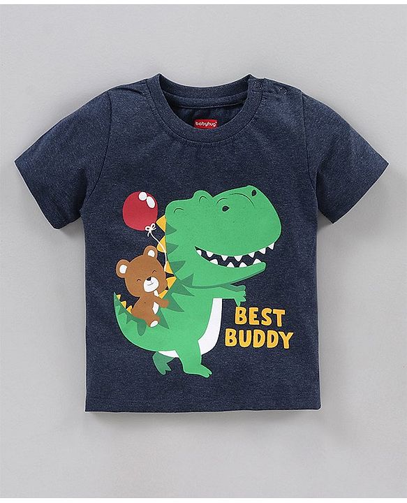 Babyhug Half Sleeves T-Shirts Stripes and Dino Print Pack of 2 - Navy Yellow