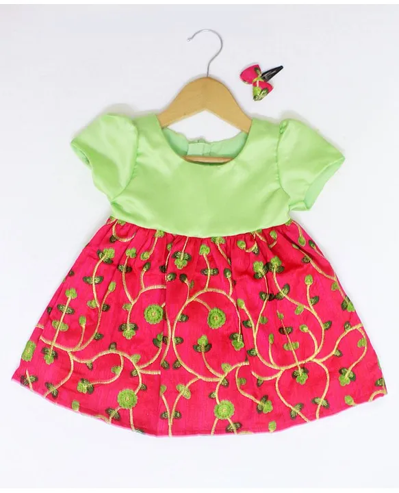 Many frocks Cap Sleeves Embroidered Baby Party Dress With Hair Clip Green Pink