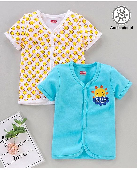 Babyhug Antibacterial Finish Half Sleeves  Vest Pack of 2 - Blue Yellow