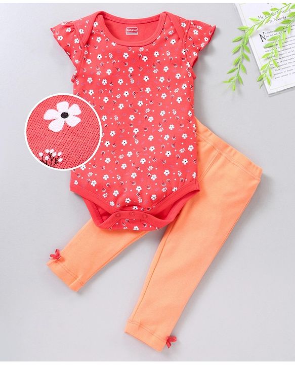 Babyhug Short Sleeves Onesie With Leggings Floral Print - Yellow Pink