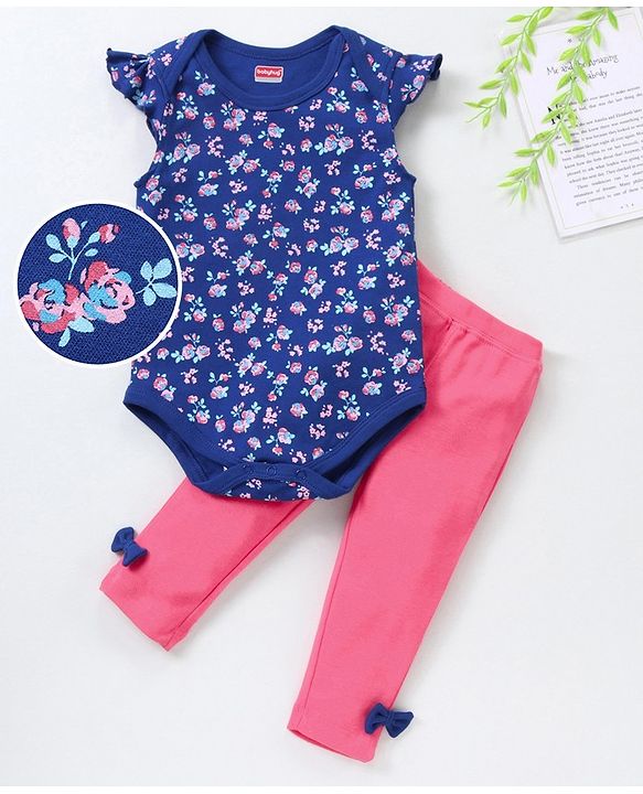 Babyhug Half Sleeves 100% Cotton Onesie with Leggings - Multicolour