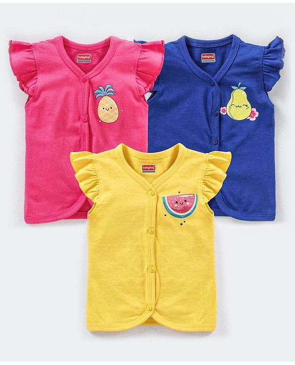 Babyhug Short Sleeves Antibacterial Vests Fruit Print Pack of 3 - Pink Blue Yellow