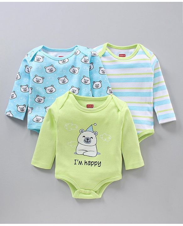 Babyhug 100% Cotton Full Sleeves Striped Onesies Bear Print Pack of 3 - Green Blue White