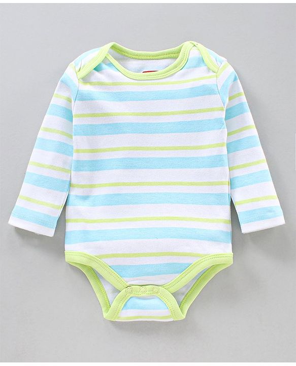 Babyhug 100% Cotton Full Sleeves Striped Onesies Bear Print Pack of 3 - Green Blue White