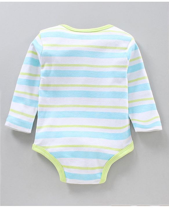 Babyhug 100% Cotton Full Sleeves Striped Onesies Bear Print Pack of 3 - Green Blue White