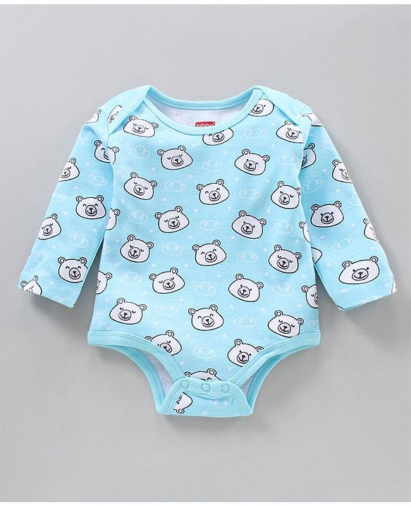 Babyhug 100% Cotton Full Sleeves Striped Onesies Bear Print Pack of 3 - Green Blue White
