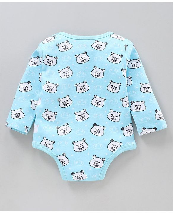 Babyhug 100% Cotton Full Sleeves Striped Onesies Bear Print Pack of 3 - Green Blue White