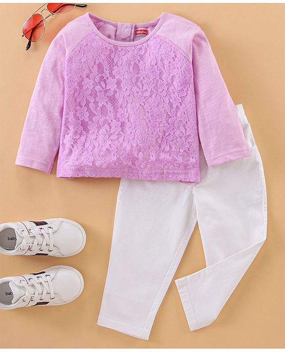 Babyhug Full Sleeves Lace Top and Jeans Set - Lilac White