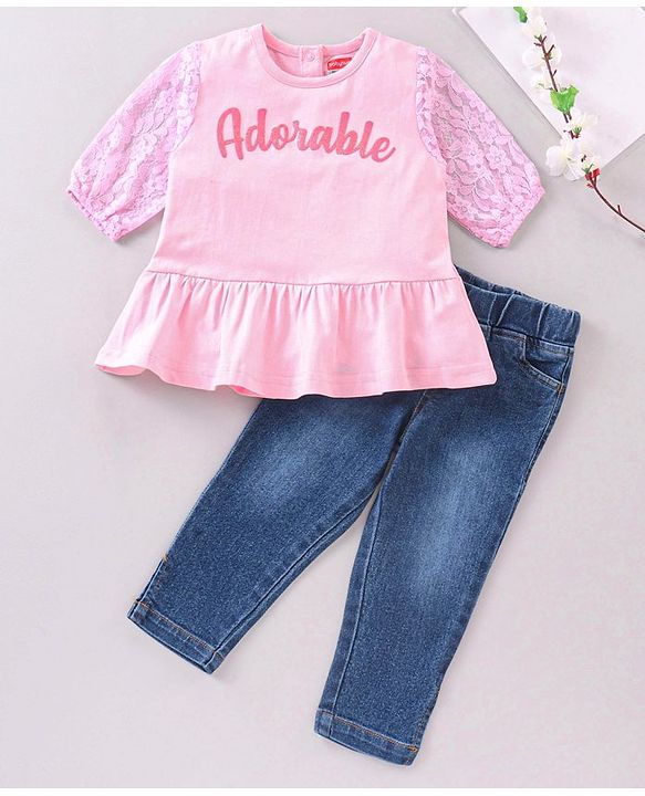 Babyhug Full Sleeves Top & Denim Jeans Adorable print - Pink Blue