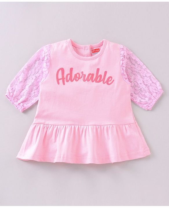 Babyhug Full Sleeves Top & Denim Jeans Adorable print - Pink Blue