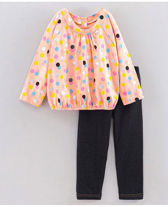 Babyhug Full Sleeves Polka Dot Top & Jeggings - Peach Black
