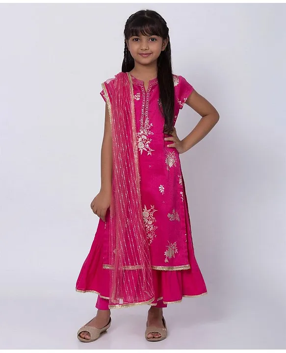 Biba Pink Poly Cotton A Line Suit Set Combines Double Layered Kurta  Leggings And Dupatta