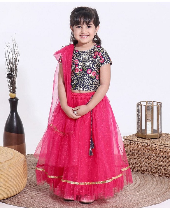 Babyhug Half Sleeves Sequined Choli and Mesh Lehenga Set with Ruffles Net Dupatta - Fuschia Navy Blue