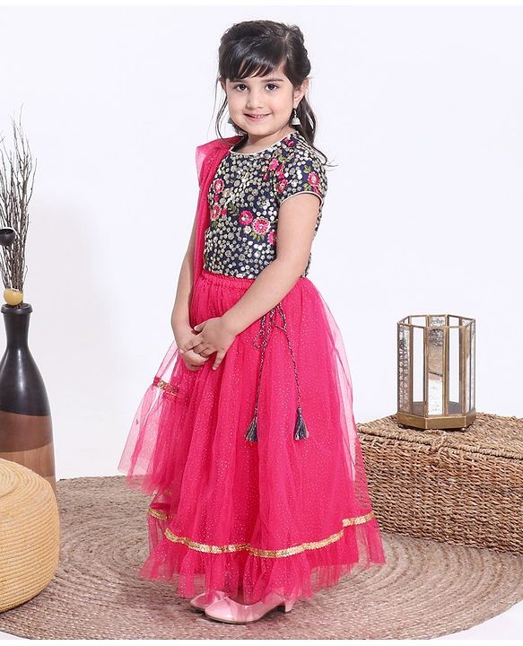 Babyhug Half Sleeves Sequined Choli and Mesh Lehenga Set with Ruffles Net Dupatta - Fuschia Navy Blue