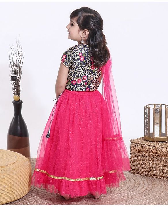Babyhug Half Sleeves Sequined Choli and Mesh Lehenga Set with Ruffles Net Dupatta - Fuschia Navy Blue