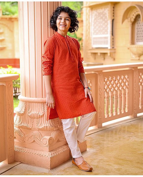 Pine Kids Full Sleeves Textured Kurta with Placket Detailing and Pyjama Set - Orange