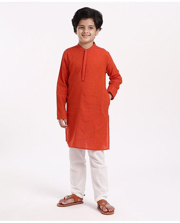 Pine Kids Full Sleeves Textured Kurta with Placket Detailing and Pyjama Set - Orange