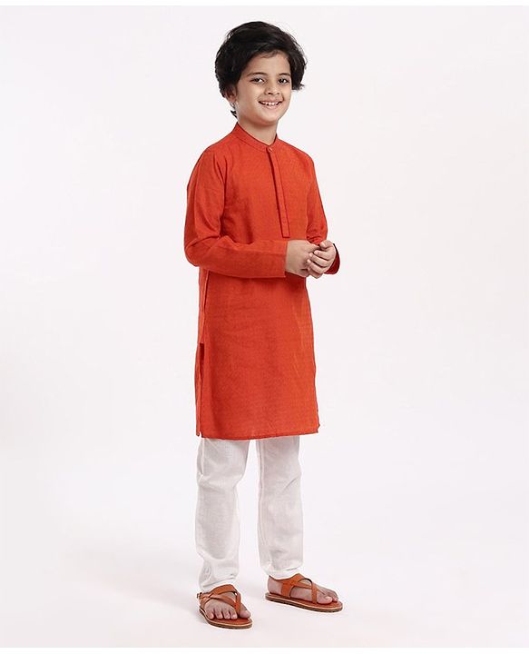 Pine Kids Full Sleeves Textured Kurta with Placket Detailing and Pyjama Set - Orange