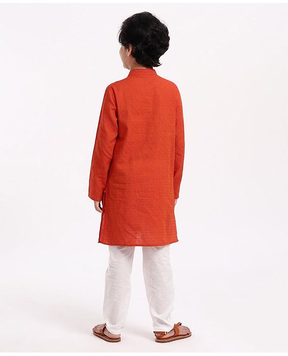 Pine Kids Full Sleeves Textured Kurta with Placket Detailing and Pyjama Set - Orange