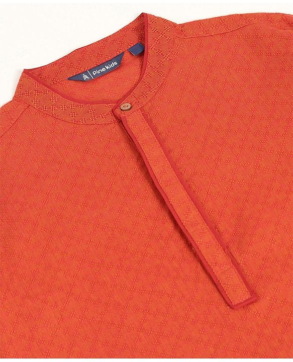 Pine Kids Full Sleeves Textured Kurta with Placket Detailing and Pyjama Set - Orange