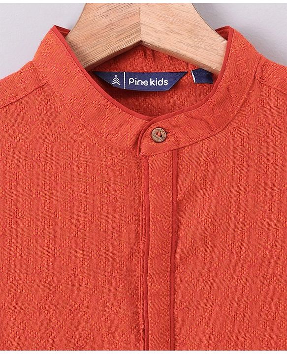 Pine Kids Full Sleeves Textured Kurta with Placket Detailing and Pyjama Set - Orange