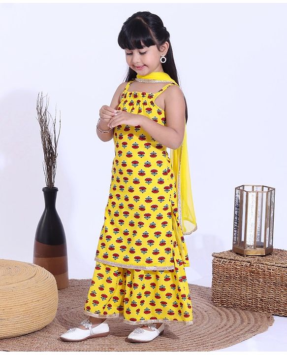 Babyhug Singlet Kurti & Sharara With Dupatta Floral Print - Yellow
