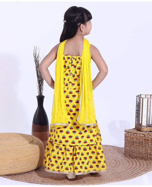 Babyhug Singlet Kurti & Sharara With Dupatta Floral Print - Yellow